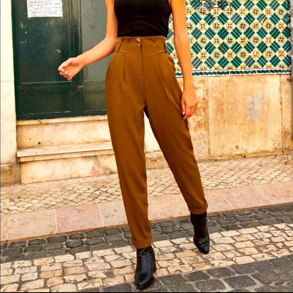 SHEIN Paperbag Waist Fold Pleat Roll Hem Pants